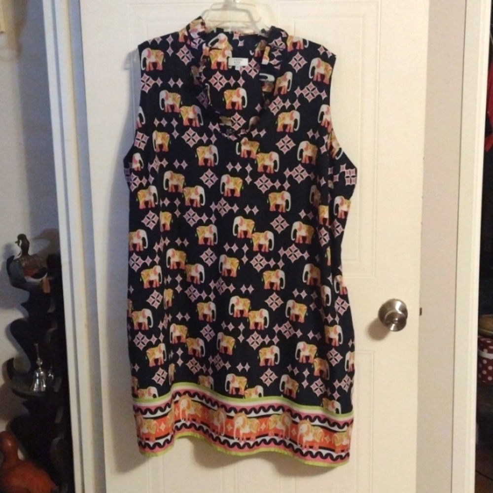 crown & ivy Navy Sleeveless Midi Dress with Multicolor Elephant Print
